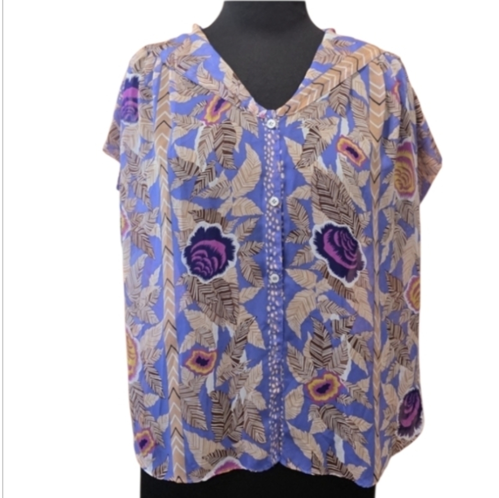 Vintage 70s Large California Shirts Strings L Blue Purple Floral Blouse Hippie